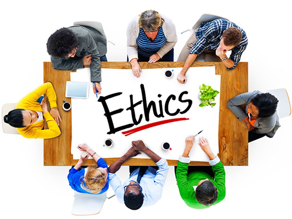 Overview of people sitting around a table with the word Ethics on it.