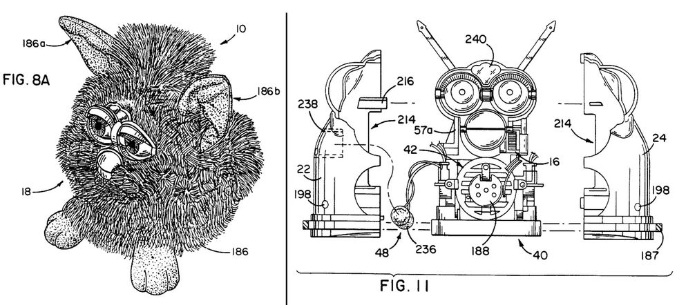 Patent diagrams showing Furby exterior and internal parts.