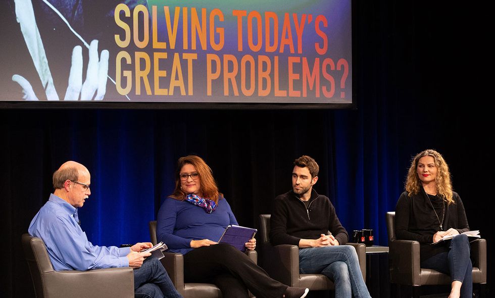 Paul Saffo (left), Erika Gregory, Ben Rattray, and Erika Woolsey discuss how Doug Englebart's approach of using technology to augment human capabilities can be used to address today's toughest problems.