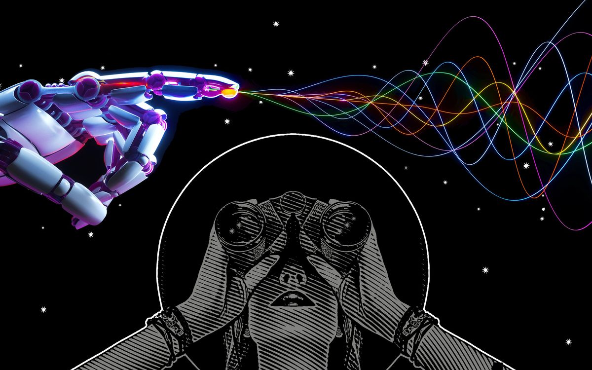 照片拼贴了一个人用双筒望远镜向上看，和一只机器人手用一个尖尖的手指从中露出彩色的线。