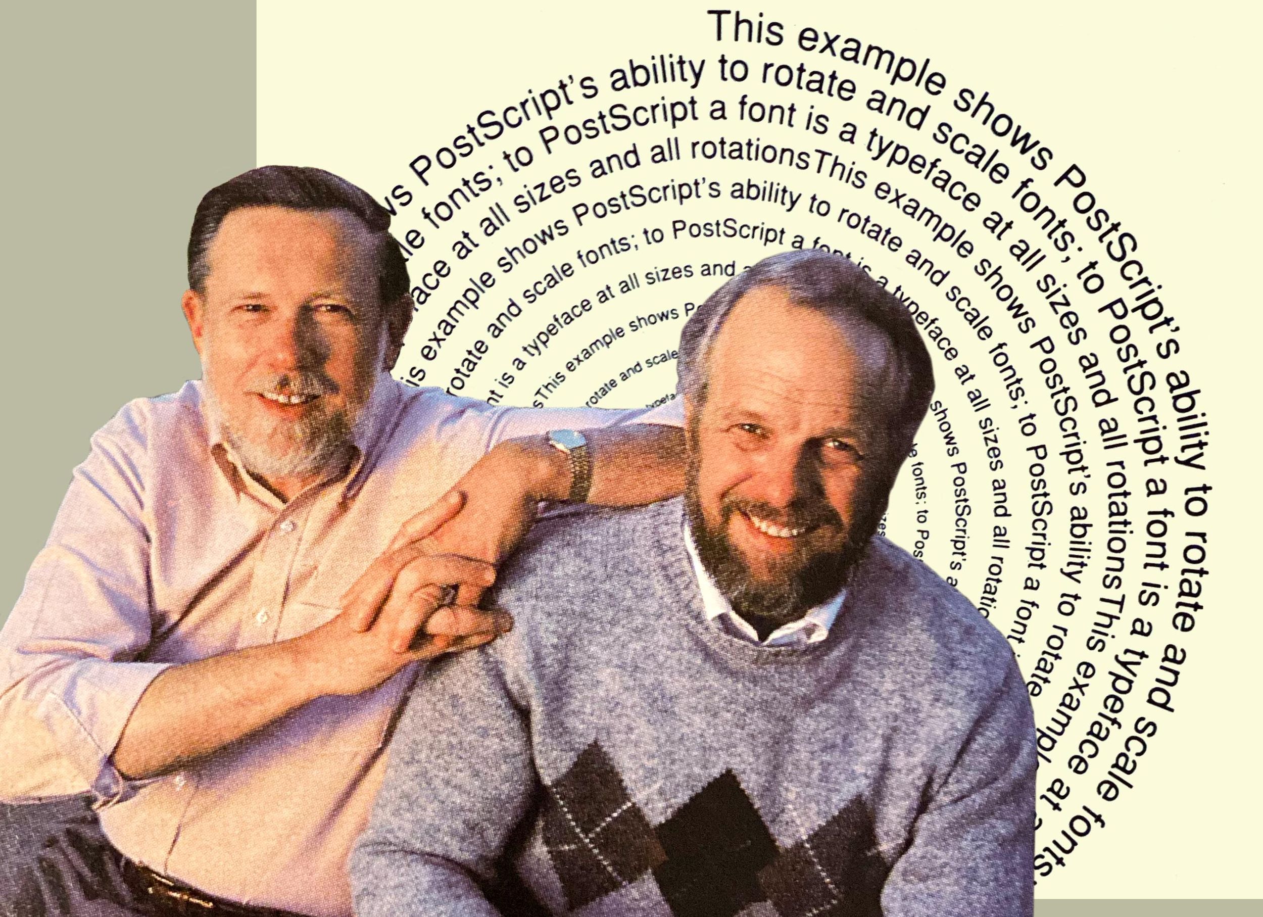 Photo collage of two smiling bearded men. The background is a spiral of text getting smaller.