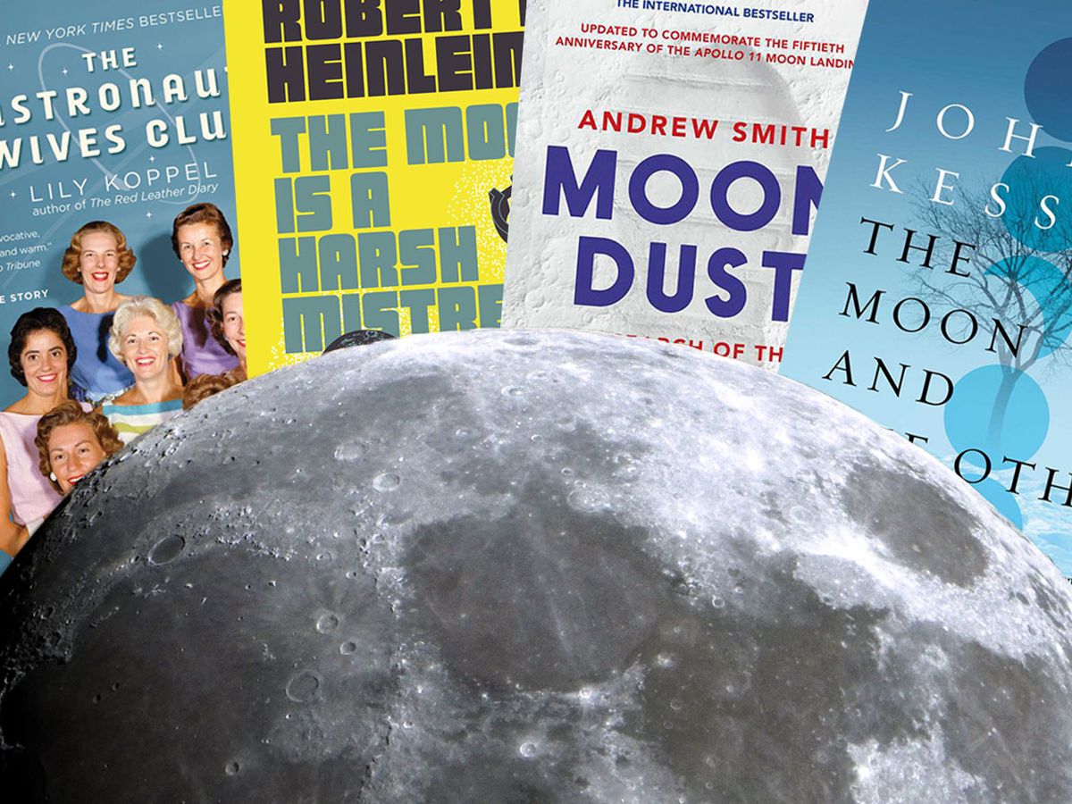 Photo-compilation of the moon and four book covers.