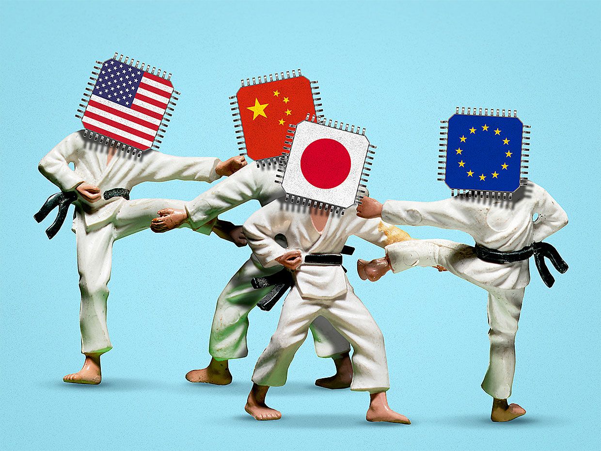 Photo-illustration depicting four country flags as martial artists.