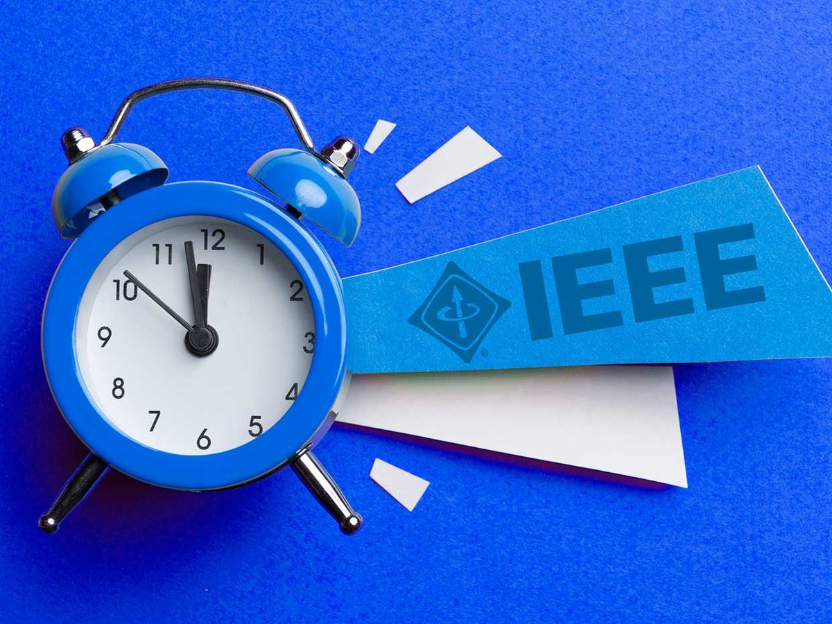 Photo-illustration of a alarm clock and the IEEE logo.