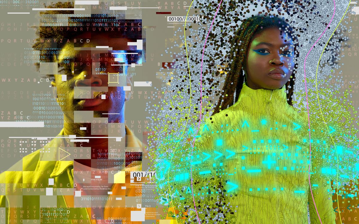 Photo-illustration of a black man and woman looking at the camera with dots, data and other imagery related to AI around them.