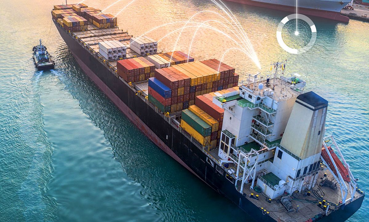 Photo-illustration of a cargo ship with lines indicating technological communication.