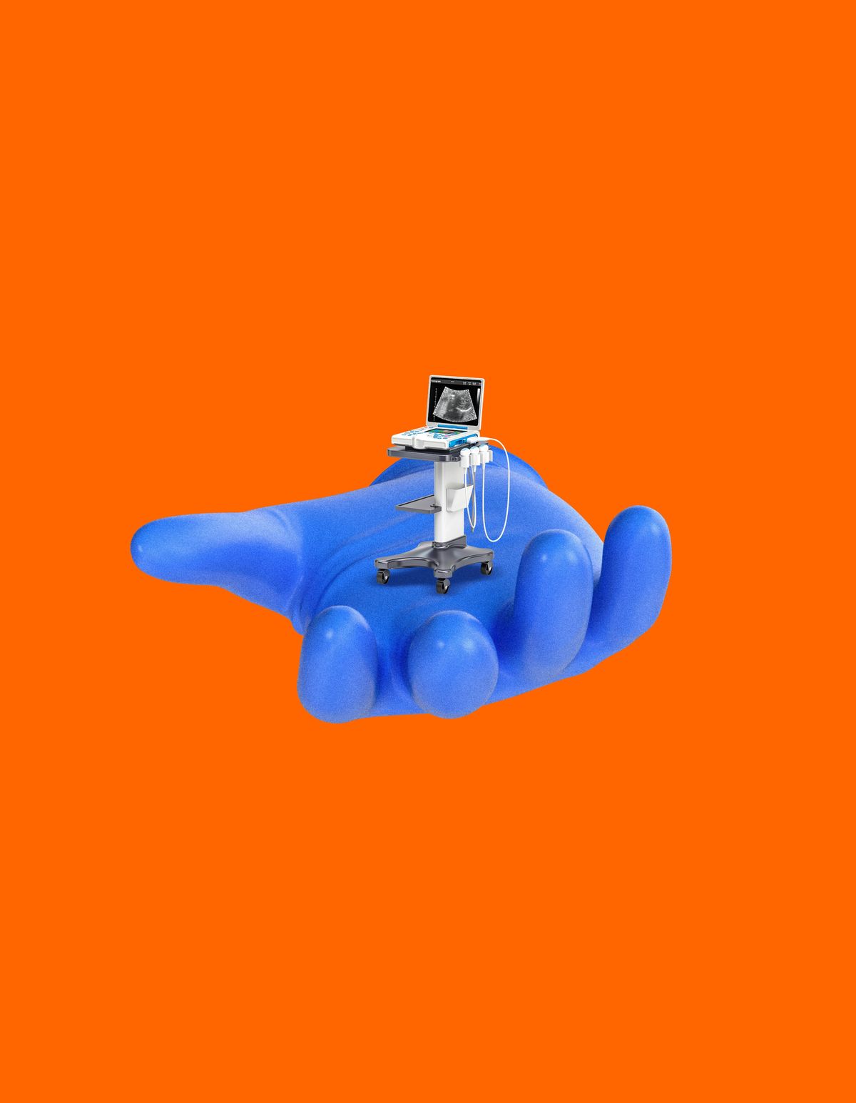 Photo illustration of a gloved hand holding a tiny ultrasound machine