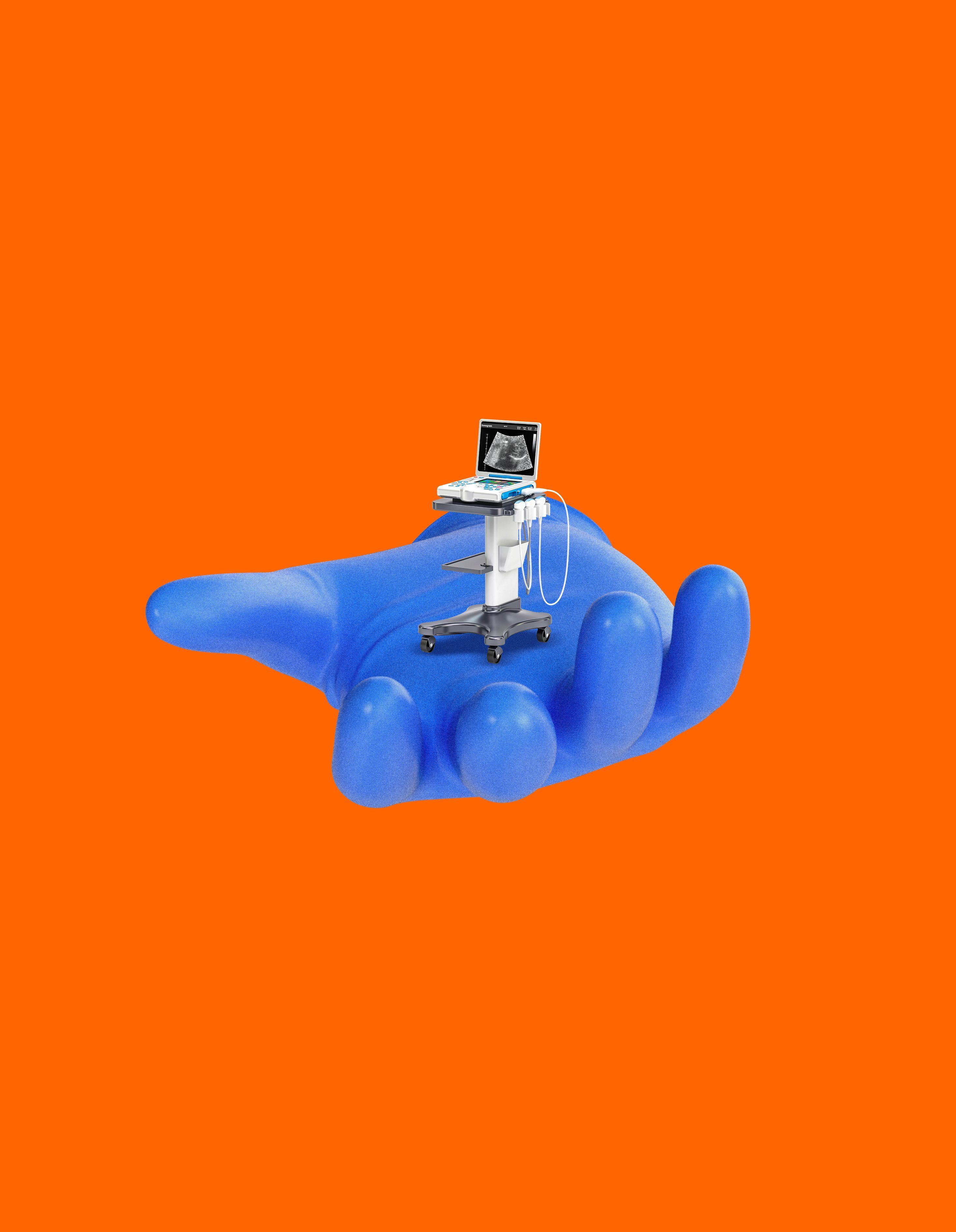 Photo illustration of a gloved hand holding a tiny ultrasound machine