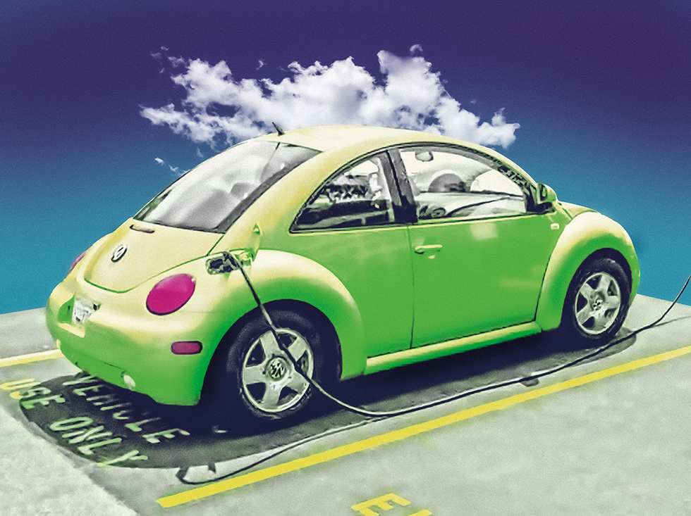 Photo-illustration of a green car with a charging cable plugged into it. 