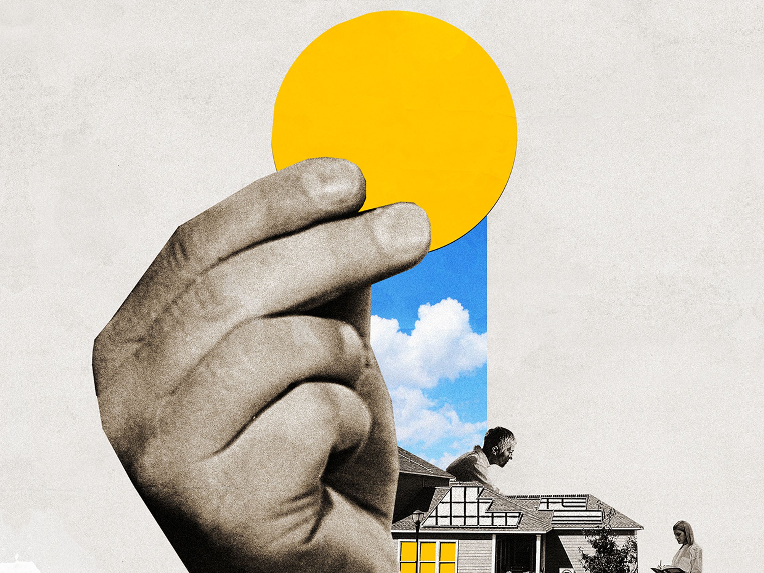 Photo-illustration of a hand holding the sun with neighborhood homes and engineers in background.