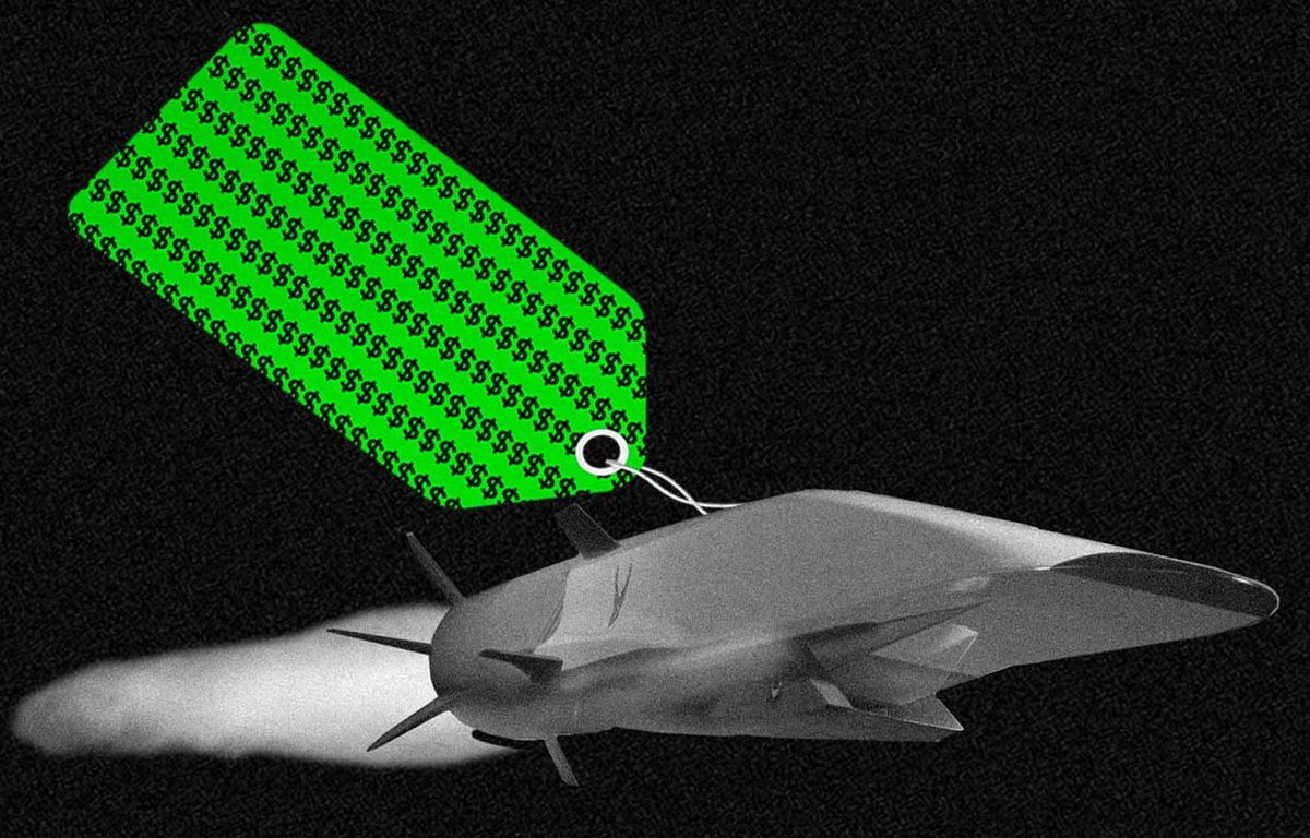 Photo-illustration of a hypersonic missile with a large price tag