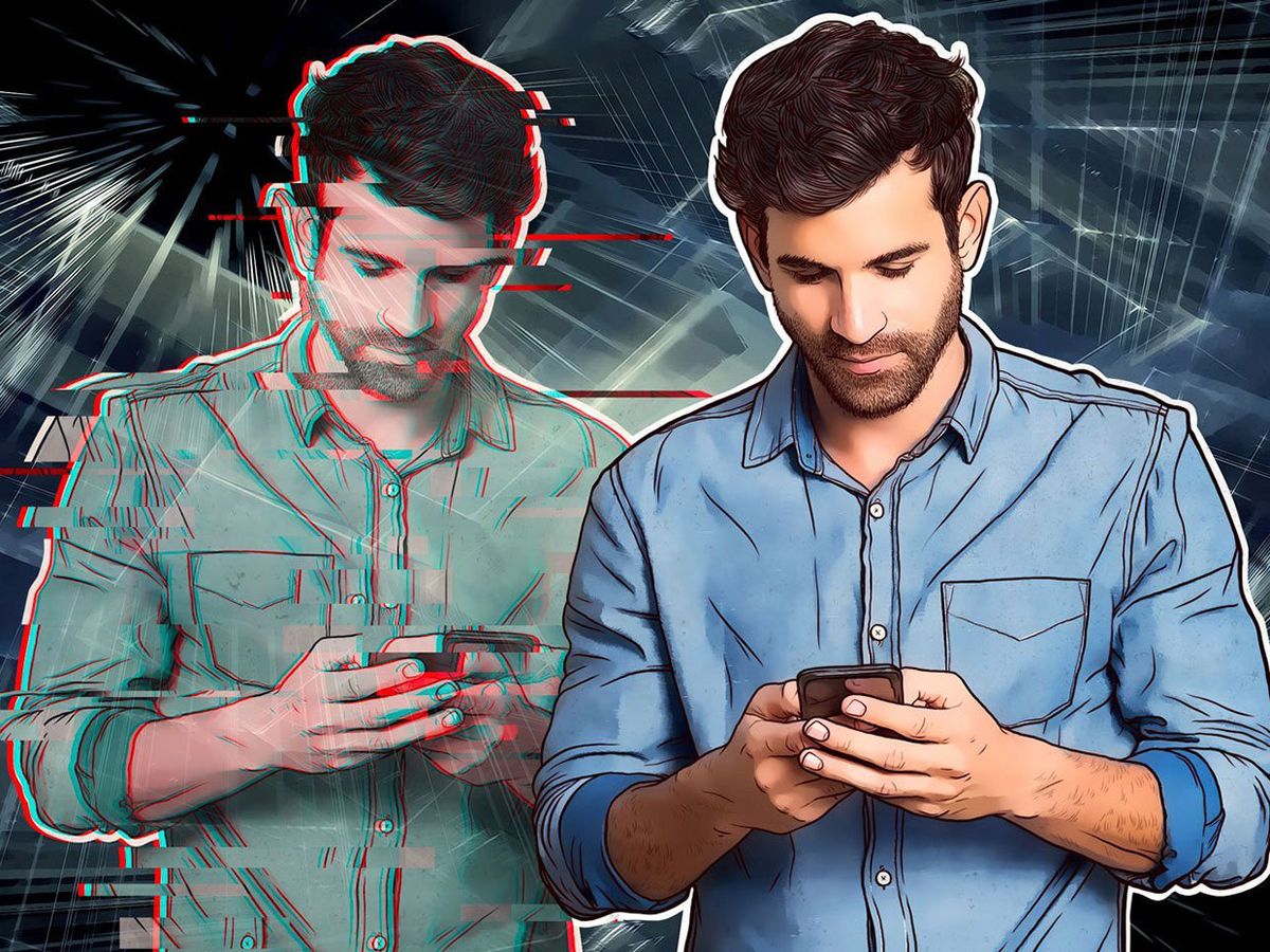 Photo-illustration of a man on a smartphone next to a glitching digital version of himself.