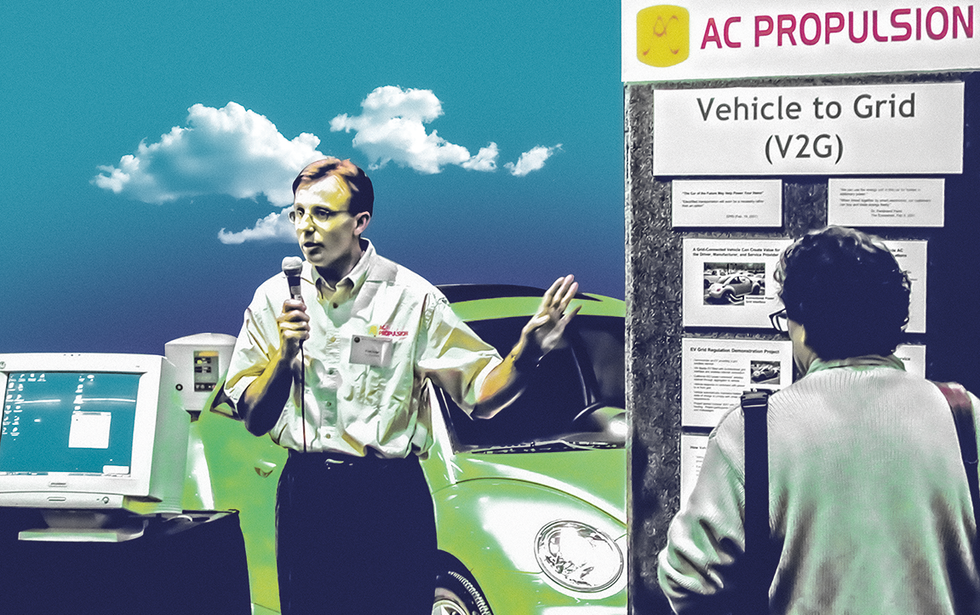 Photo-illustration of a man speaking into a microphone while another person looks on. A car and computer are visible in the background.
