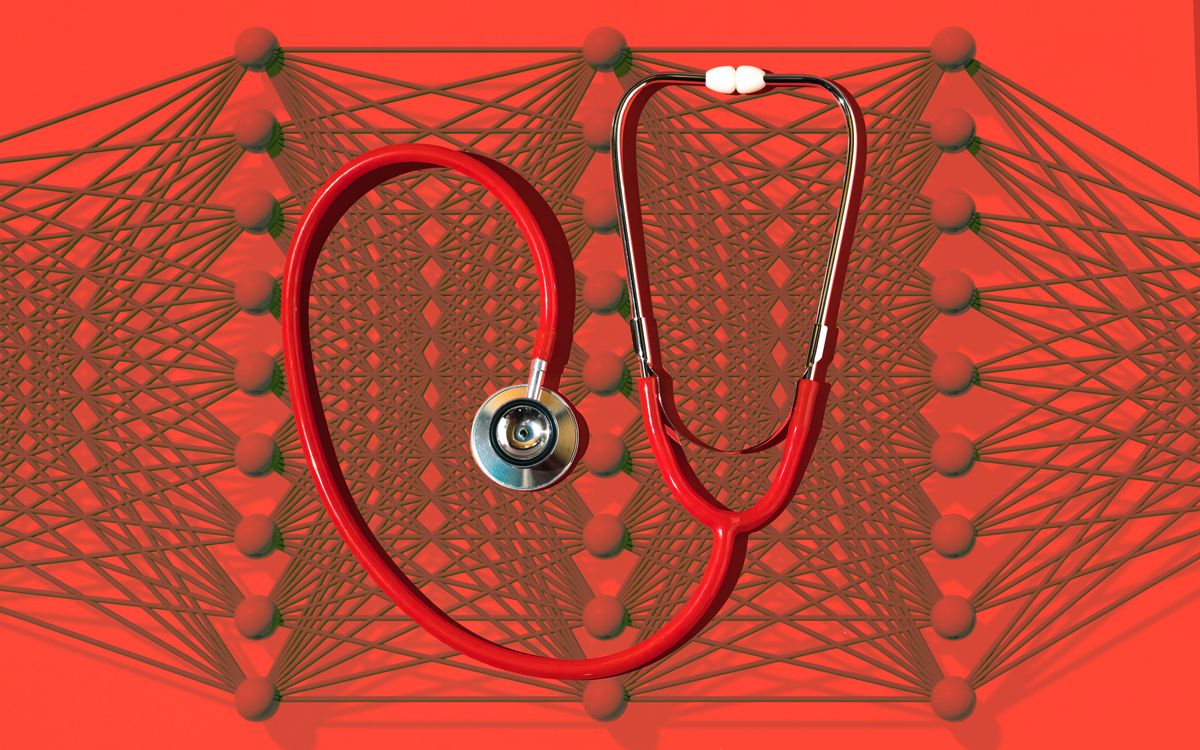 Photo-illustration of a network and a stethoscope