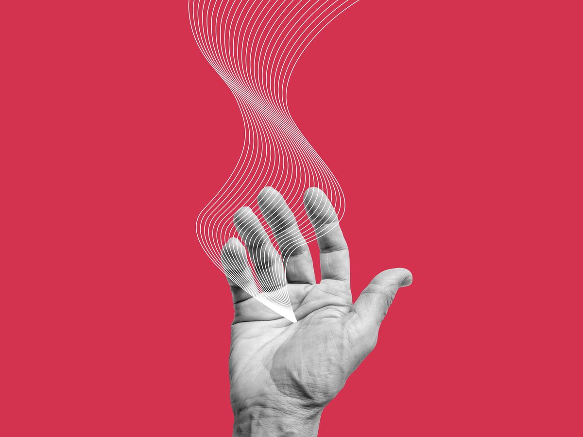 Photo-illustration of a raised hand with white lines coming out of it.