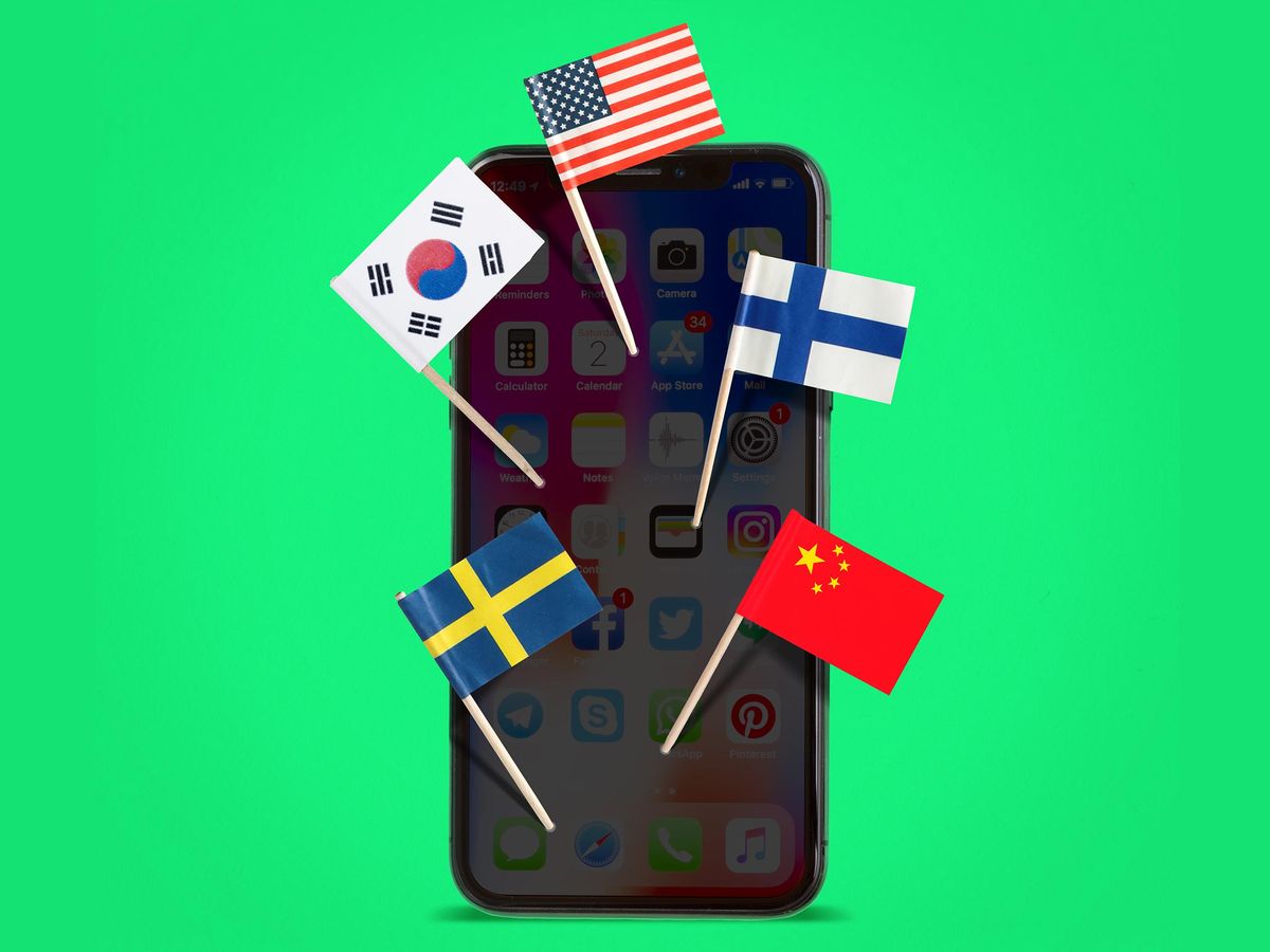 Photo-illustration of a smart phone with multiple countries flags attached to the device.