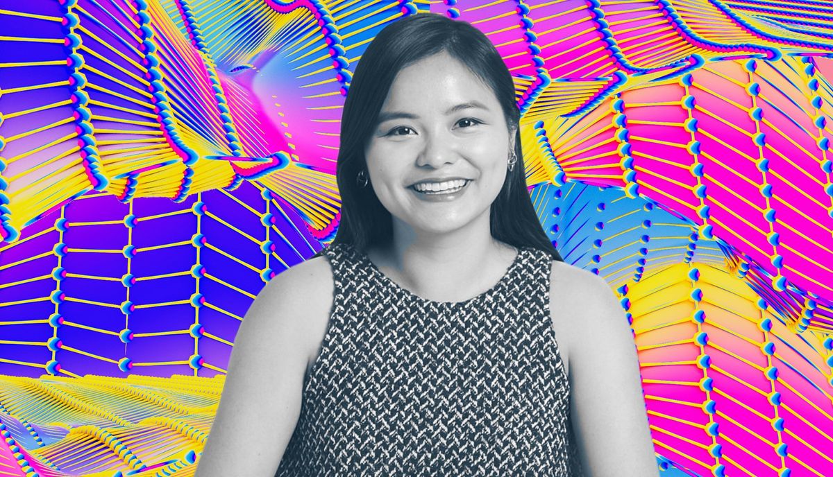 Photo-illustration of a smiling woman in front of a colorful background of connected lines and dots.
