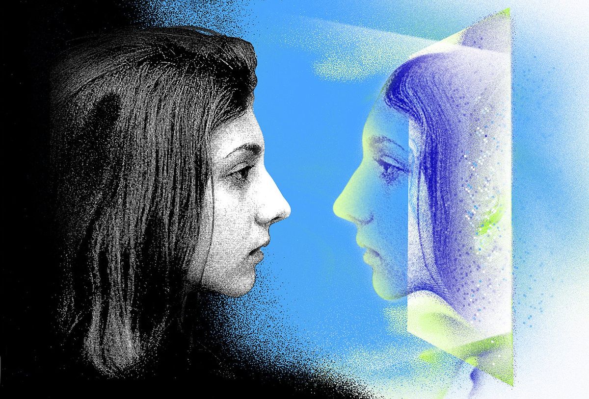 Photo-illustration of a woman in black and white staring at a colorful likeness of her self protruding from a screen and textured with dots.