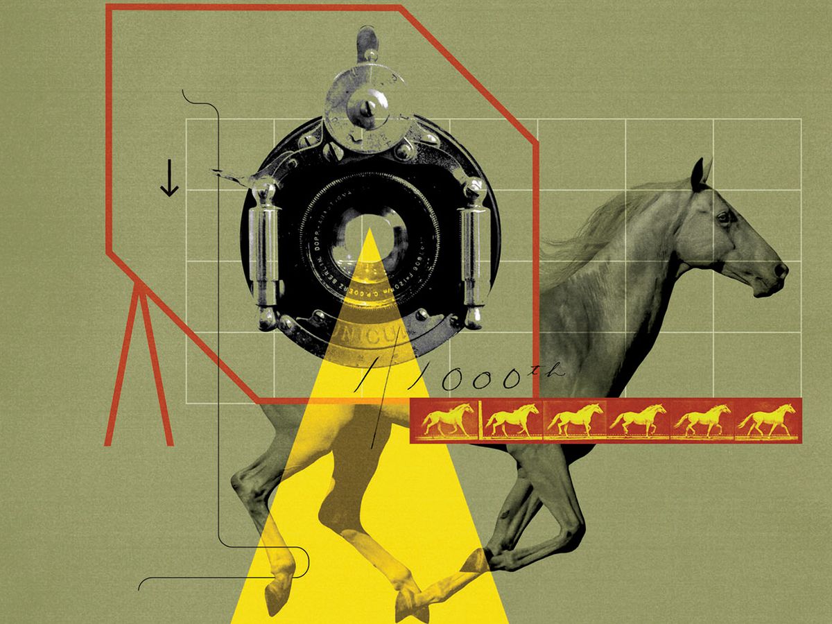 Photo-illustration of camera lens and running horse.