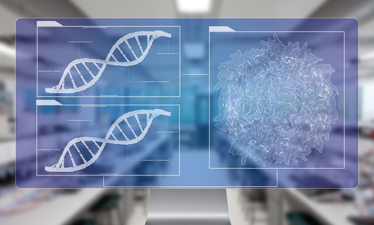 Photo-illustration of cancer cell lymphocyte T and DNA helix background sequencing on a computer in a lab