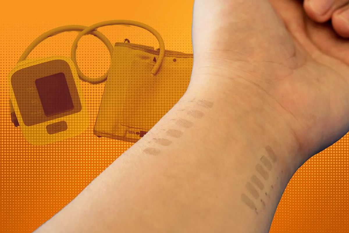 photo illustration of forearm and hand with graphene tattoos inked on the forearm and a traditional blood-pressure monitor with armband cuff is in the image background