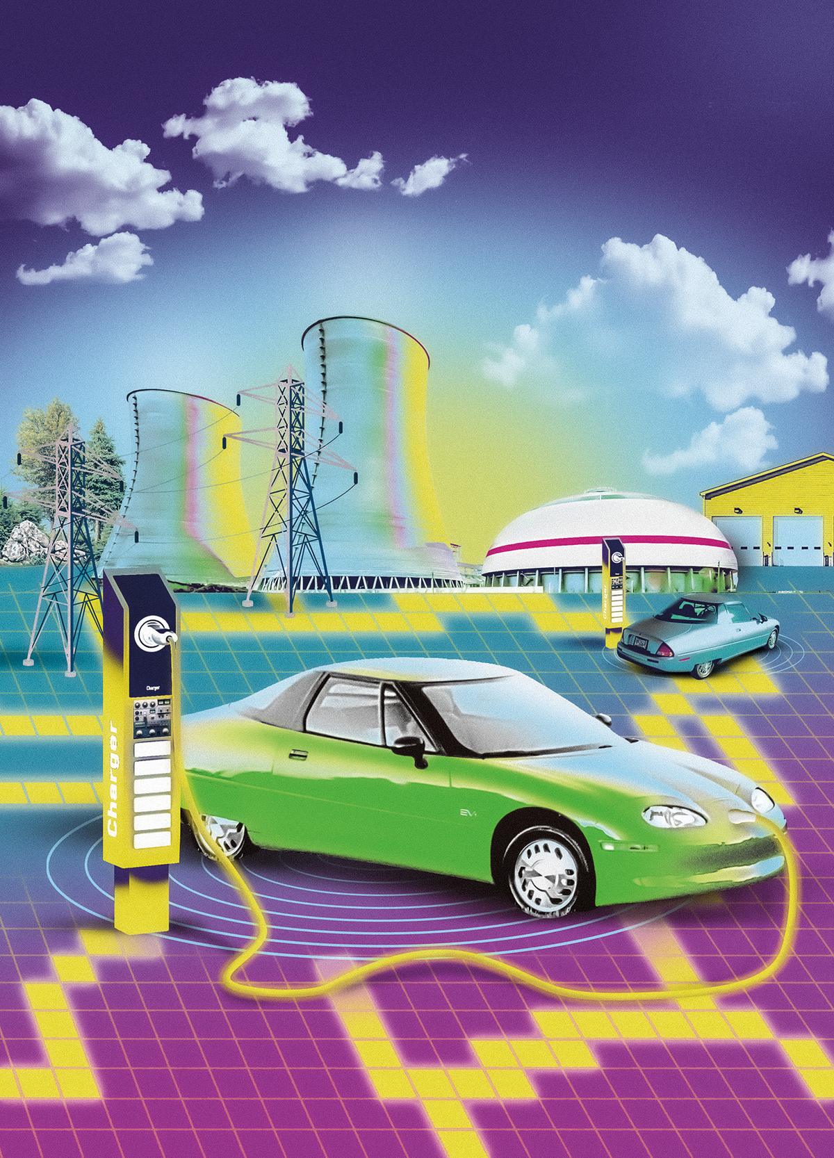 Photo-illustration of GM EV1 electric cars being charged and connected to the power grid.