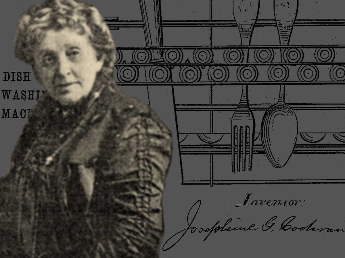 Photo-illustration of Josephine Cochran and the patent for her dish washing machine.