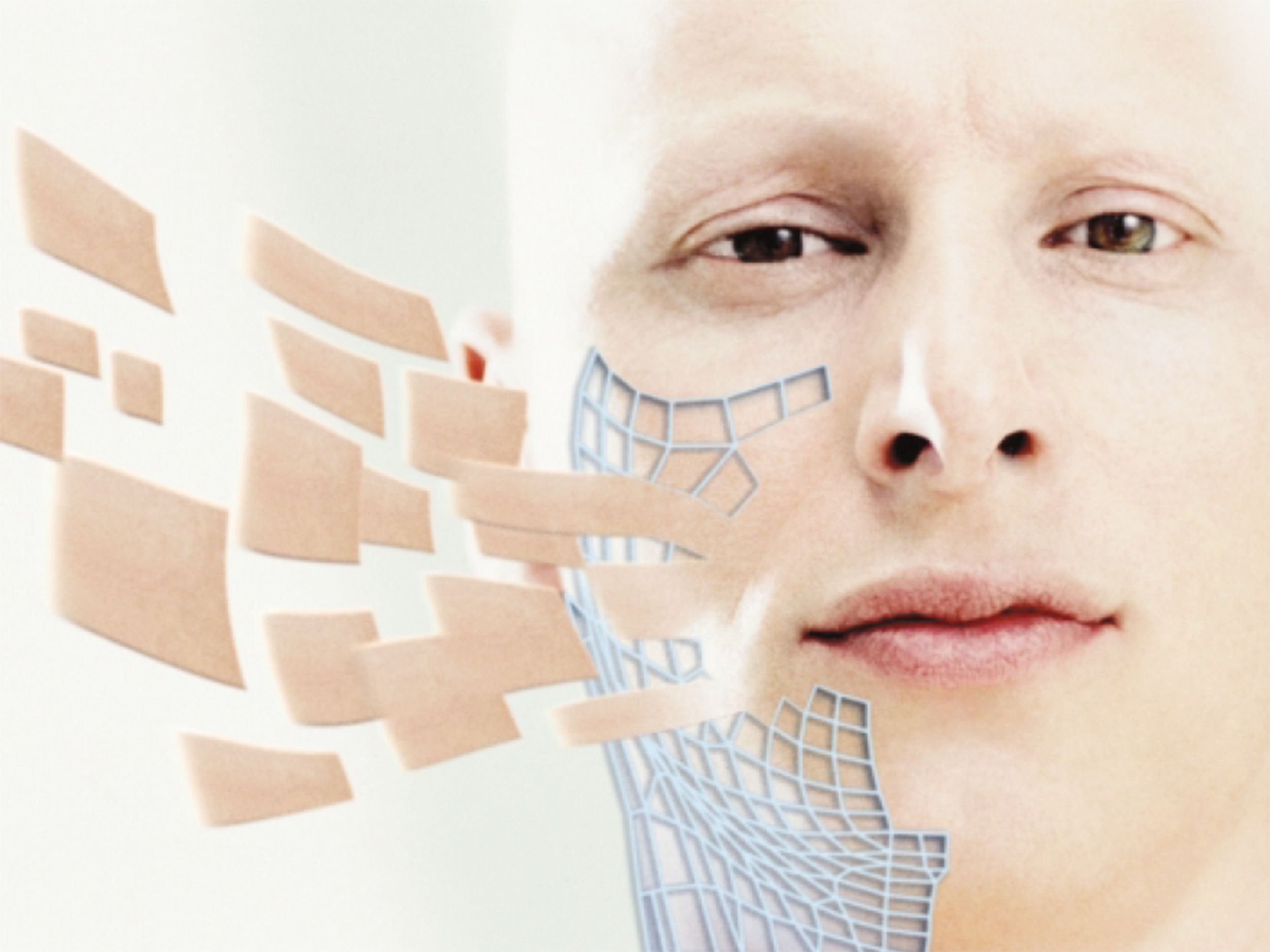 Photo-illustration of man with synthetic skin.