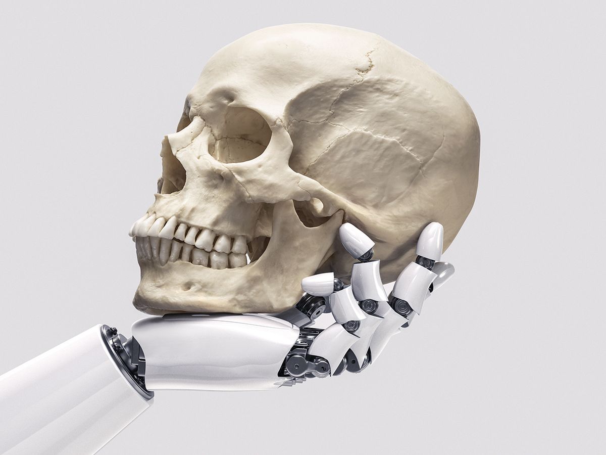 photo illustration of robot hand holding a human skull