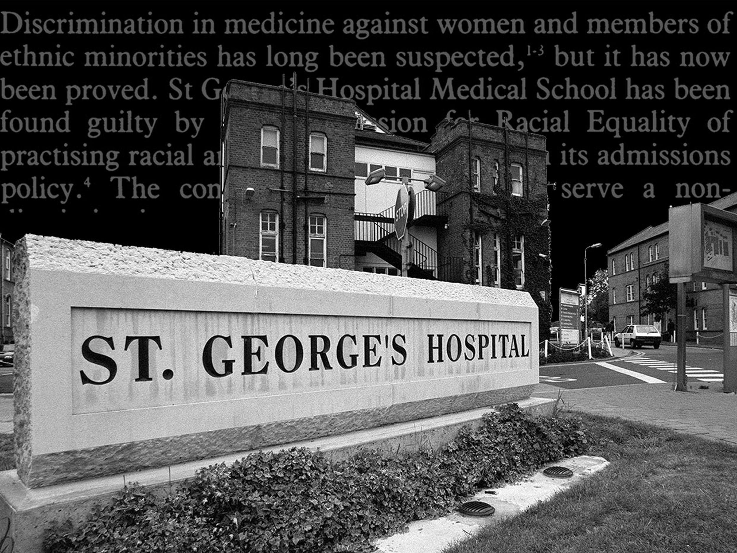 Photo-illustration of the exterior of St. George’s Hospital Medical School with text relating to the case.