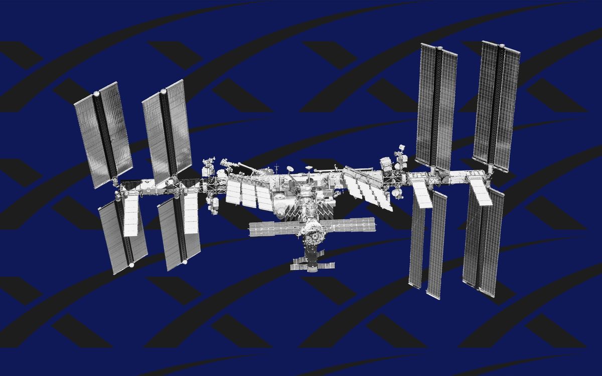 Photo-illustration of the ISS seen in black and white over a blue background with the Starlink logo, which resembles an x.