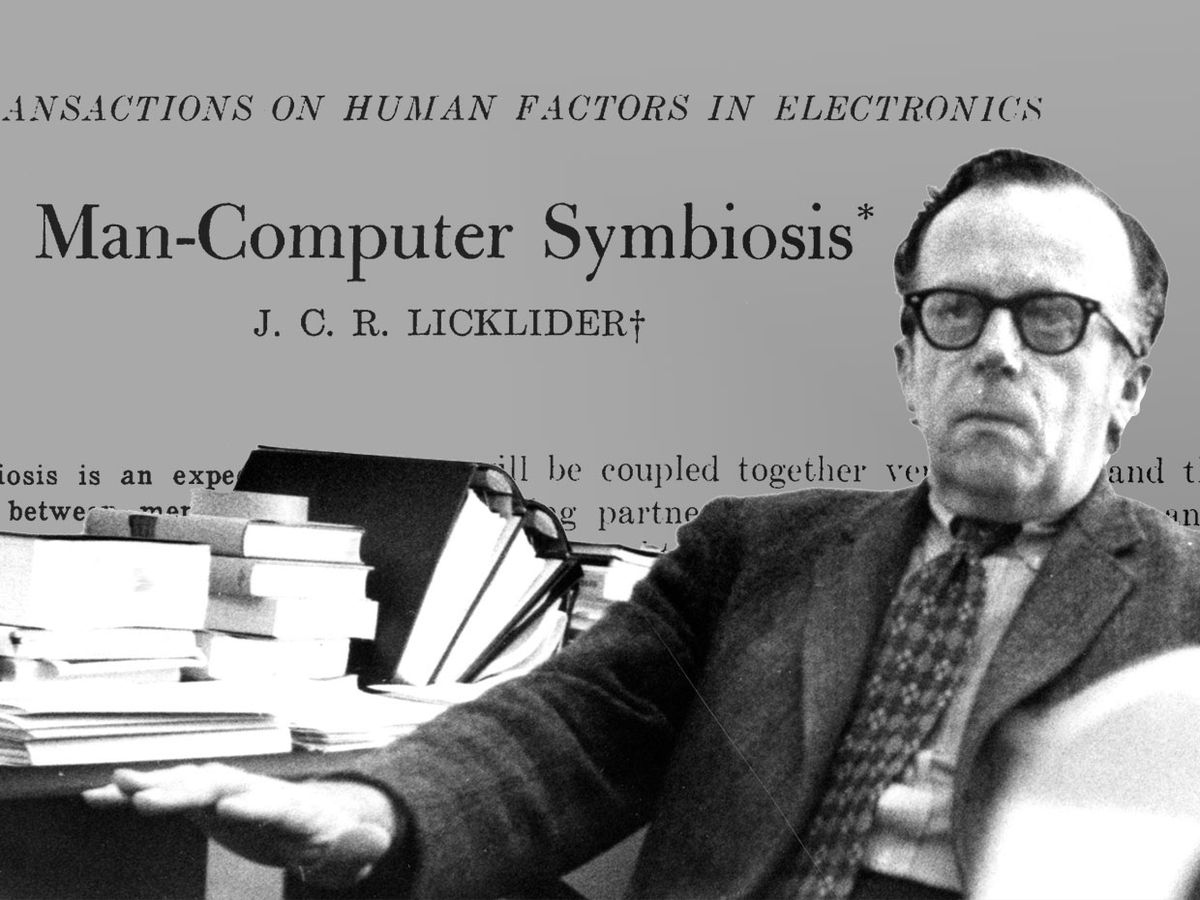Photo-illustration showing JCR Licklider at a desk with text from his1960 paper entitled “Man-Machine Symbiosis” in the image.