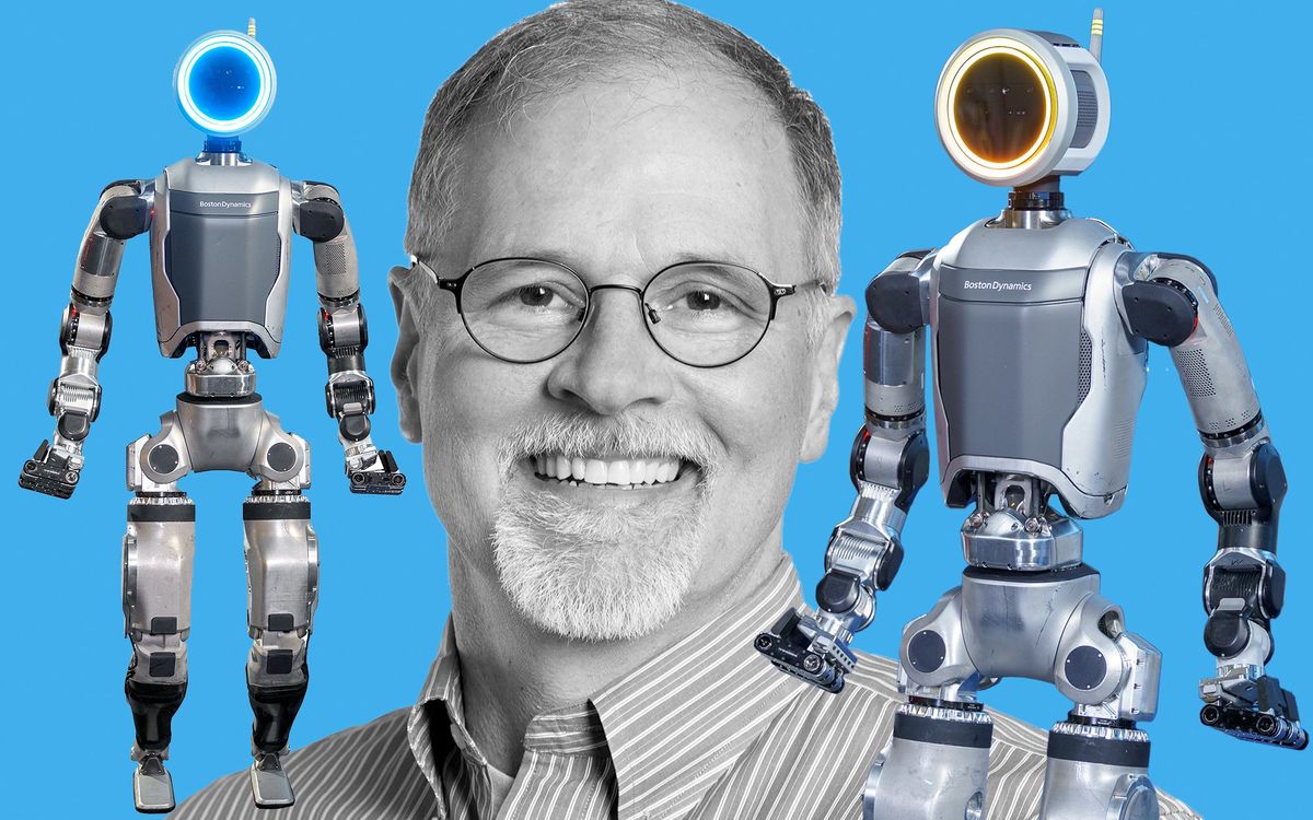 photo montage of two humanoid robots flanking a headshot of a man with glasses and a goatee