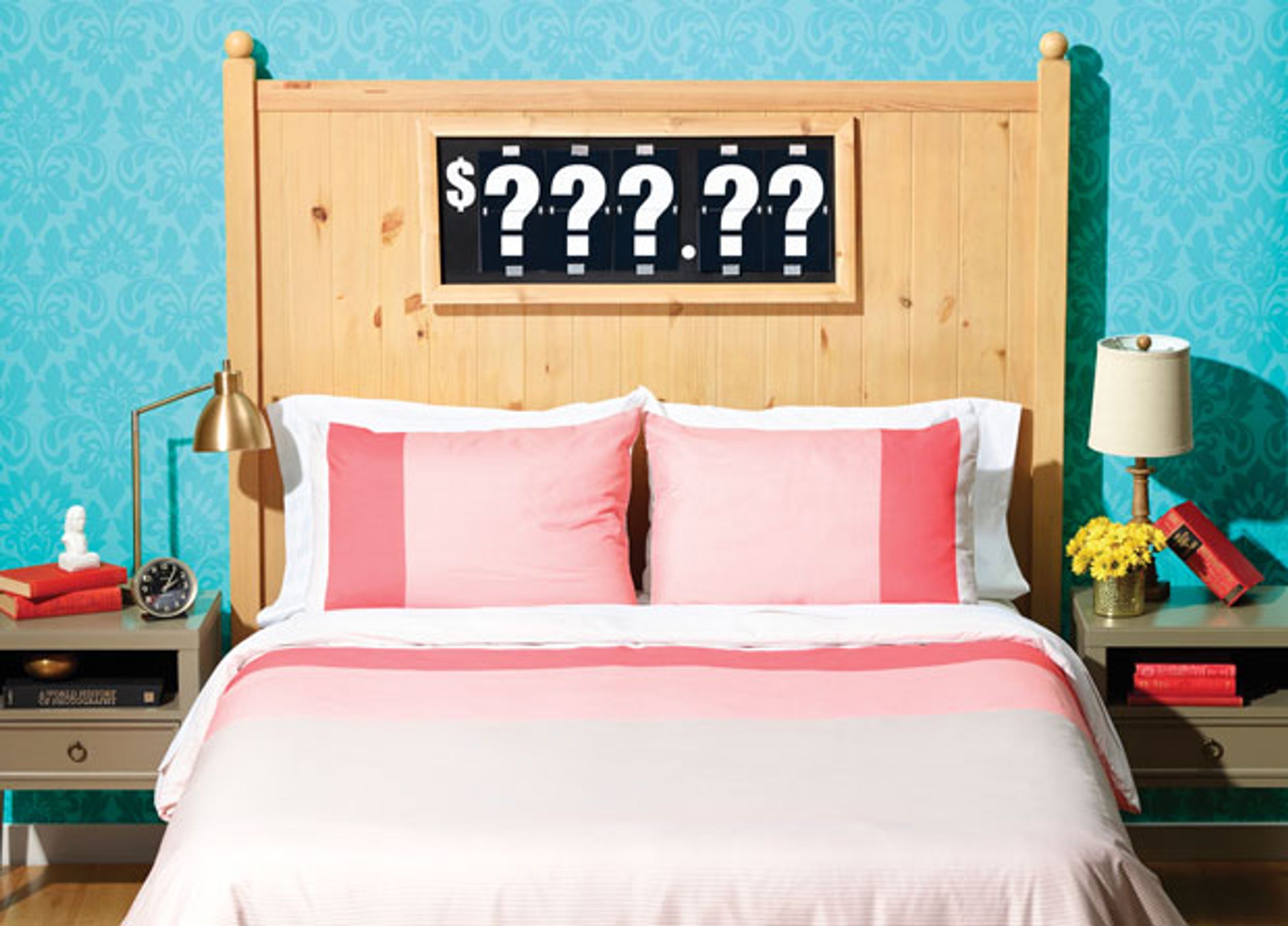 photo of a bed with dollar sign and question marks