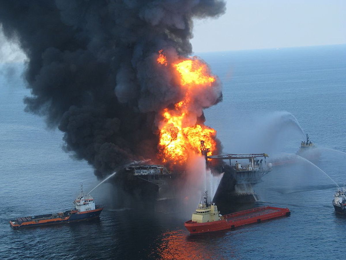 Photo of a burning oil platform
