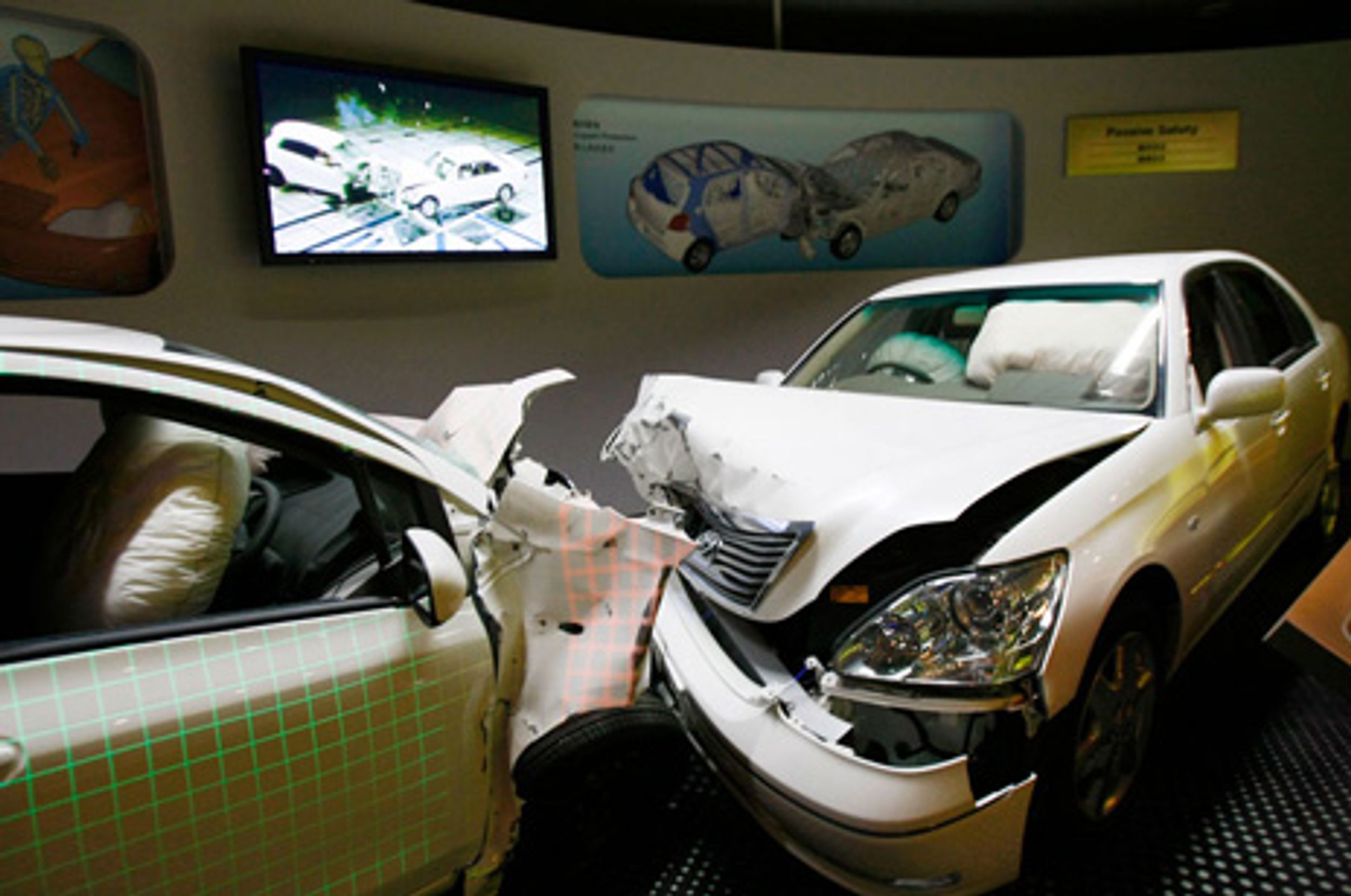 Photo of a car crash staged by engineers at Toyota Motor Company’s Kaikan Museum and exhibition hall in Toyota, Japan.