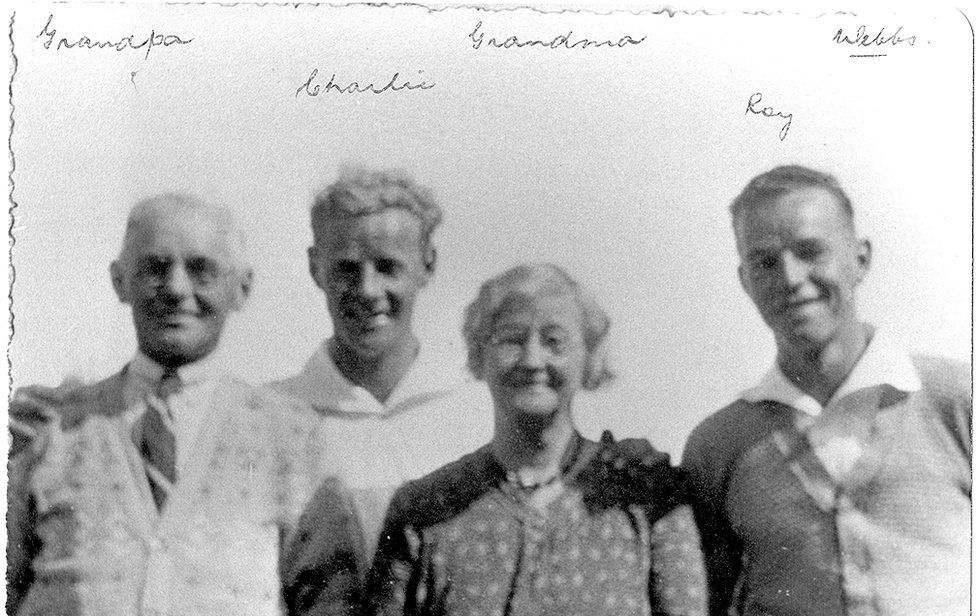 Photo of a family with names over the top.
