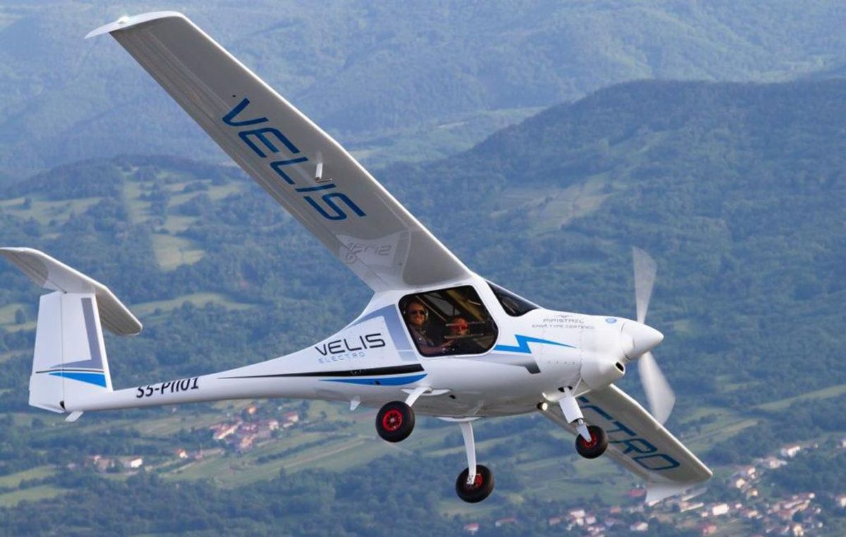Photo of a flying electric plane.