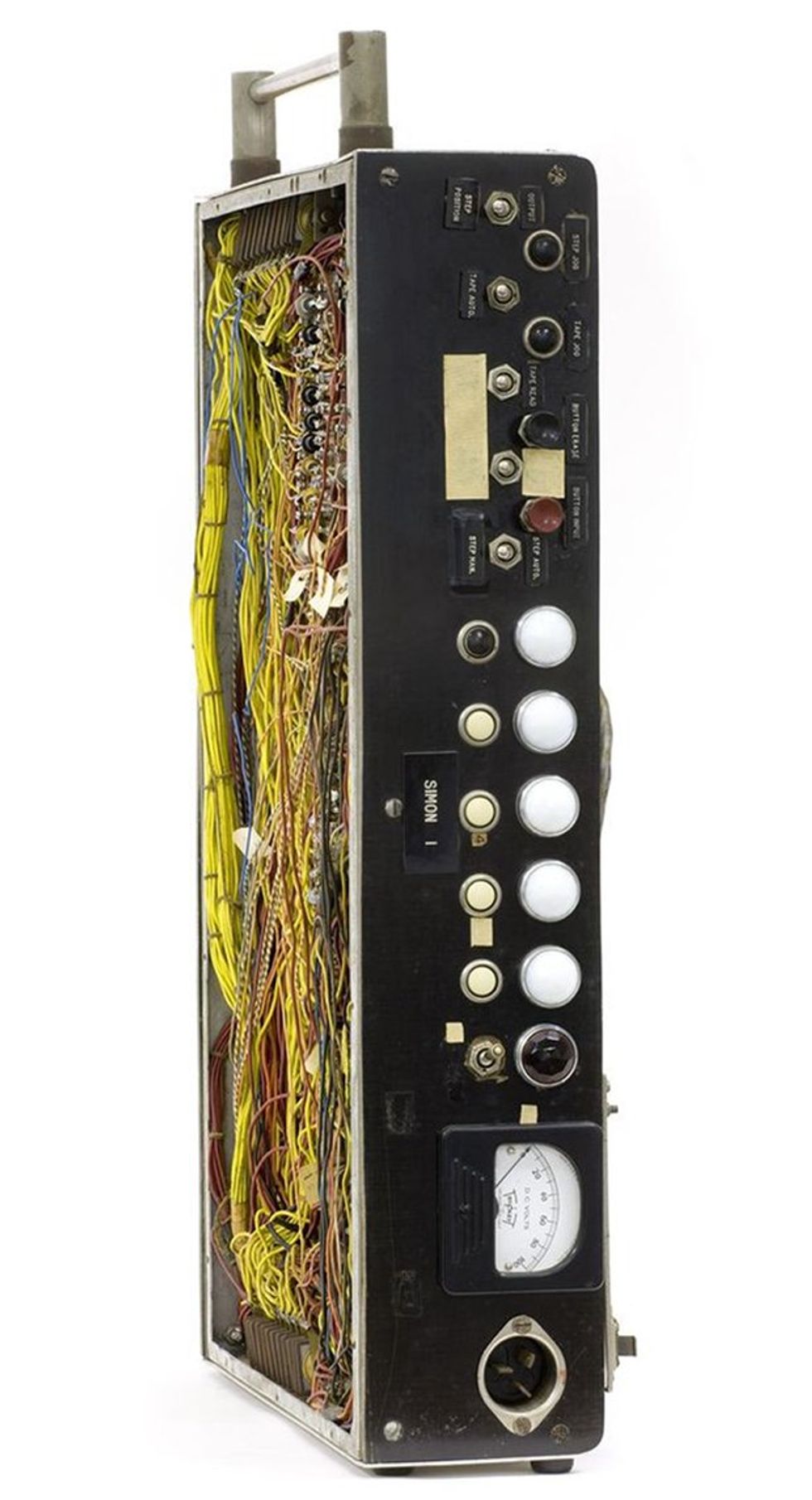  photo of a rectangular electronics device with one cover removed to reveal wiring.