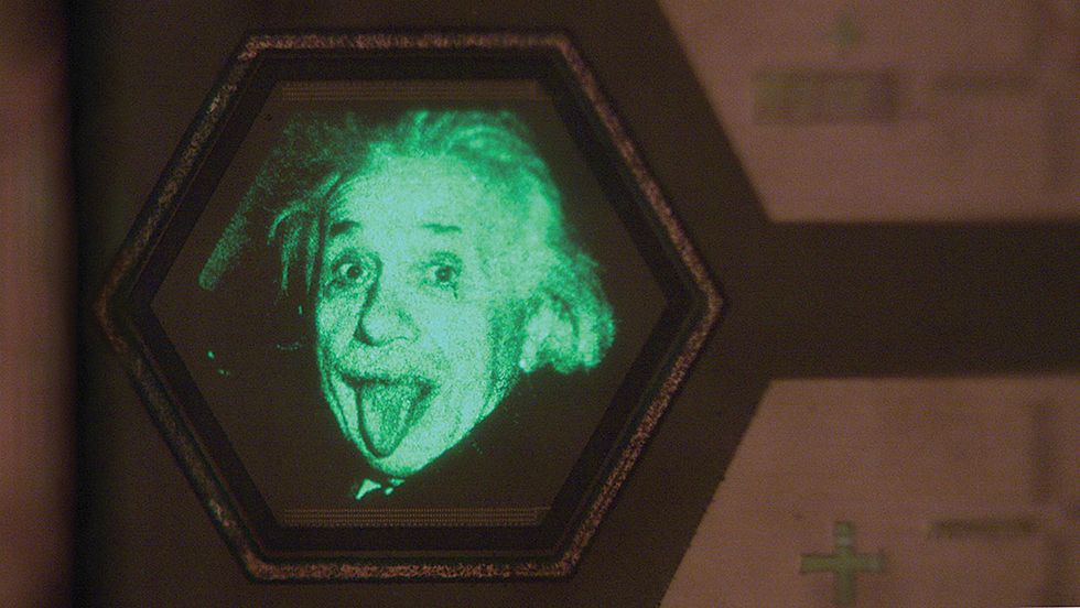 Photo of Albert Einstein made up of green microLEDs.