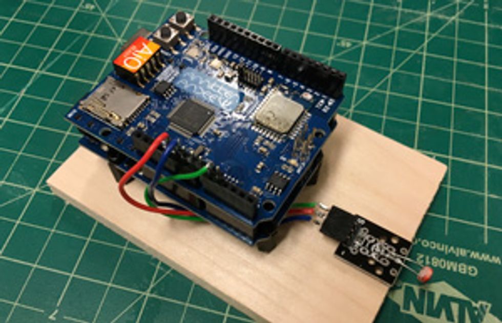 photo of an Arduino equipped with an Andee U-AIO shield