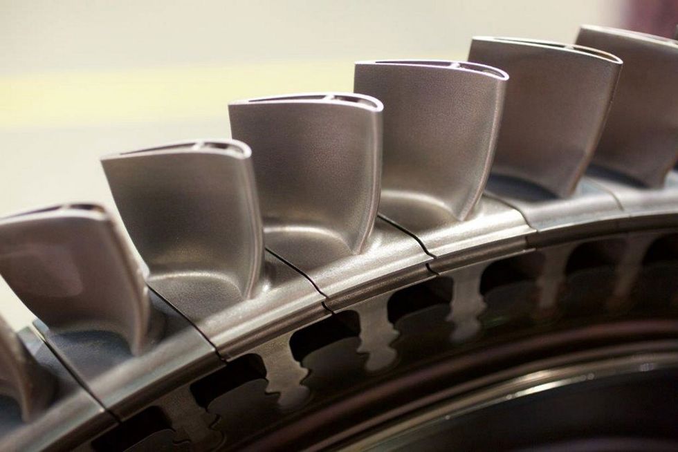 Photo of blades that were produced by Siemens engineers using 3D printing and installed in a 13-megawatt gas turbine.