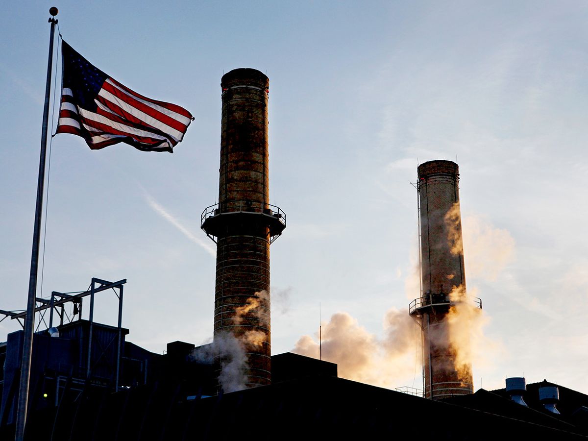 photo of factory with U.S. flag displayed