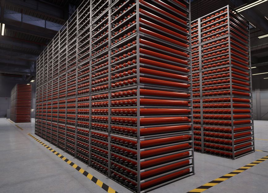 photo of many racks of EnerVenue batteries in a warehouse space