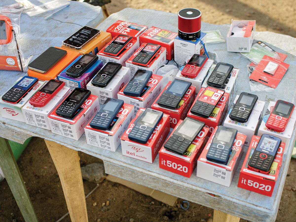 Photo of mobile phones displayed at a Kenyan market.