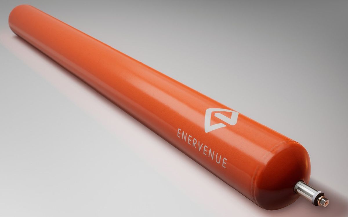 photo of orange metal cylinder bearing the logo "Enervenue" in white 