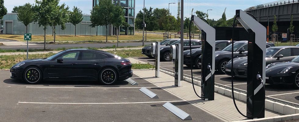 Photo of Porsche\u2019s first fast-charging station, at the Berlin Adlershof Technology Park.