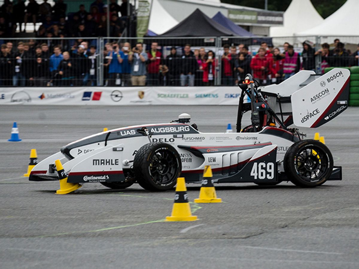 photo of UAS Augsburg's driverless car on track during Formula Student Germany competition
