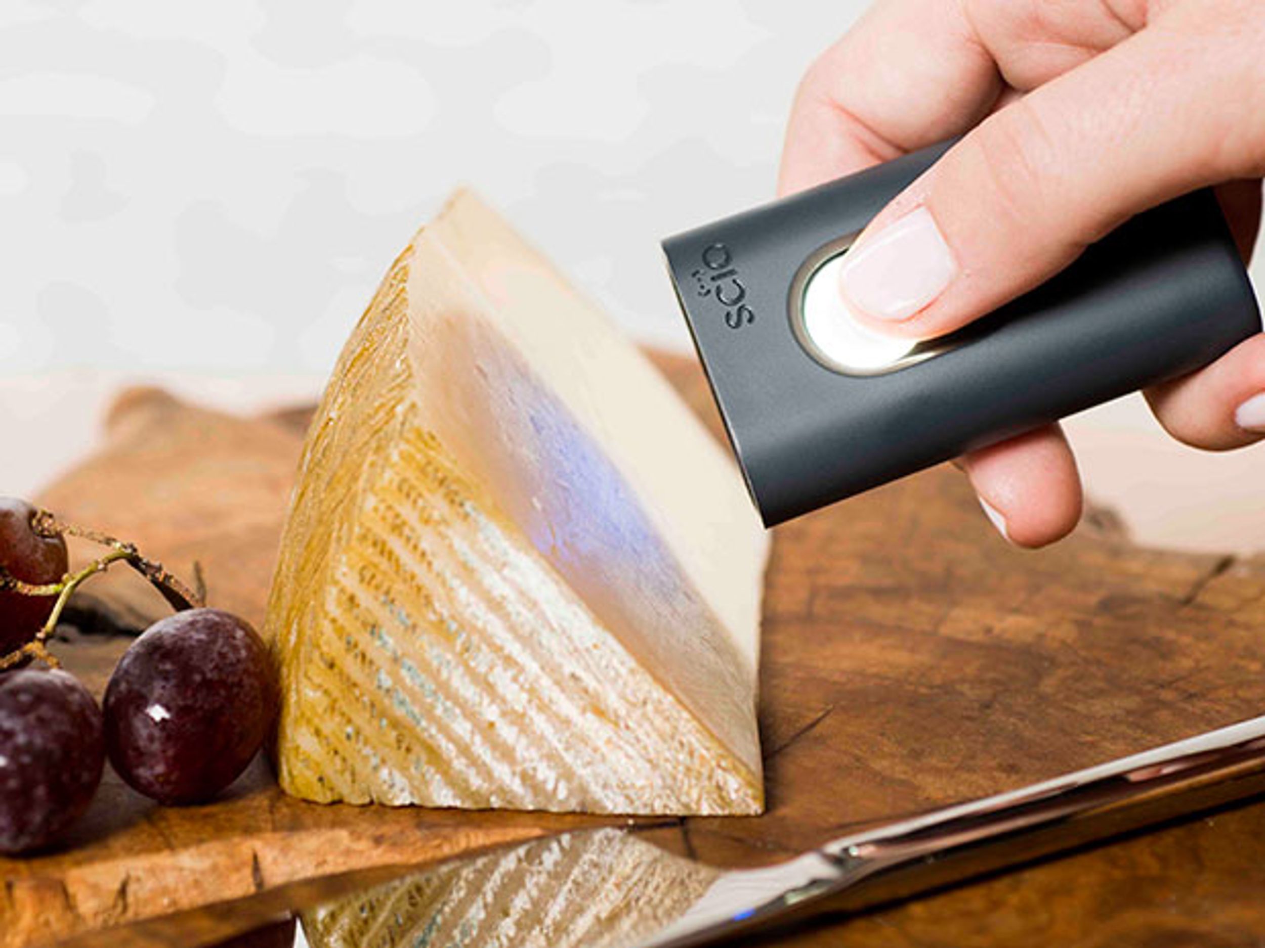 Photo shows a hand holding a tool called SCiO next to a piece of cheese