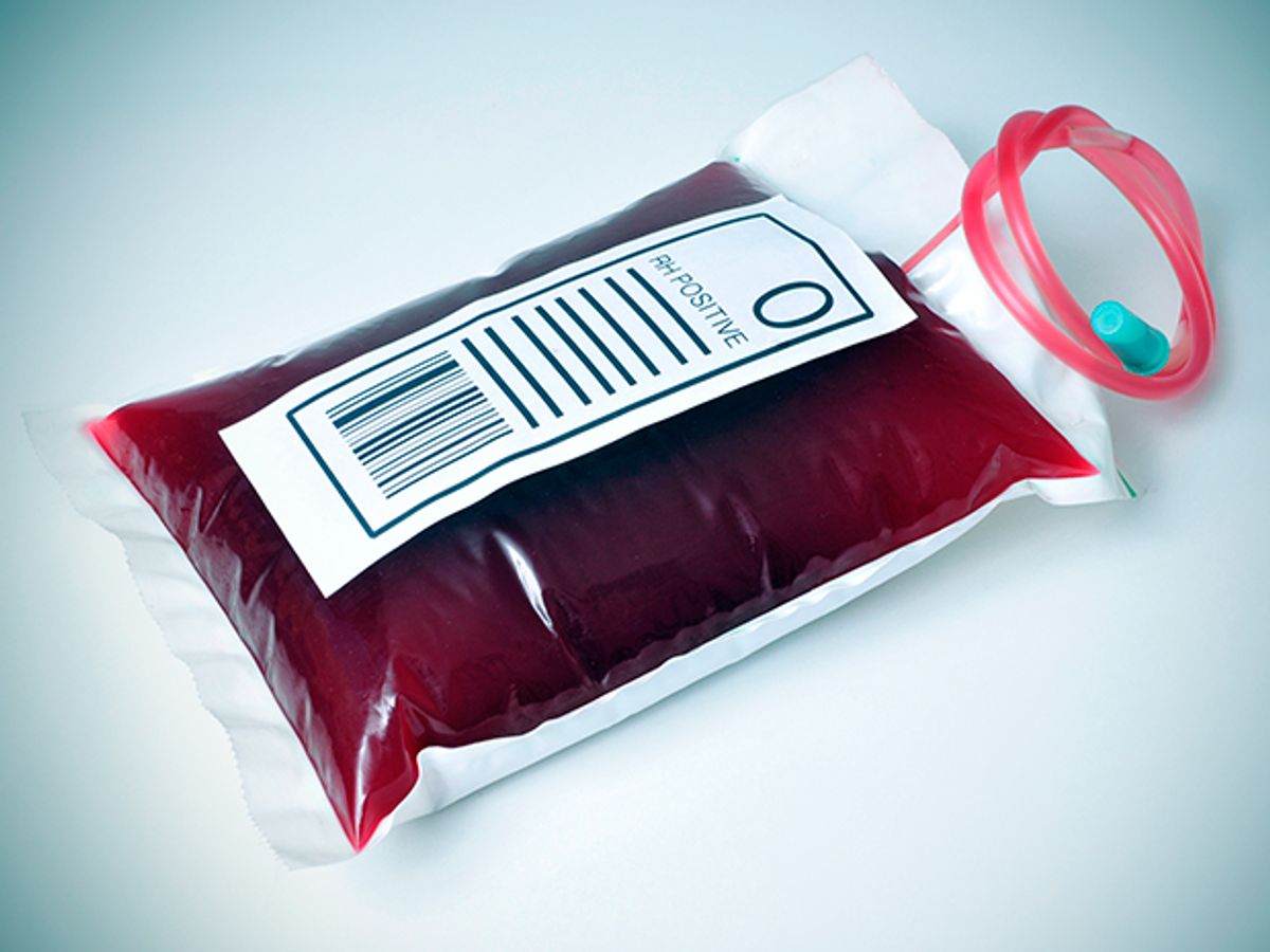 Photo shows a standard blood bag.